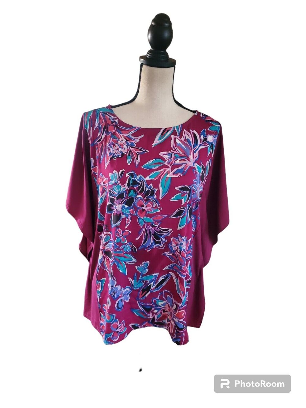 Bob Mackie Raspberry Purple Floral Bat Wing Poly-Knit Top Sz S